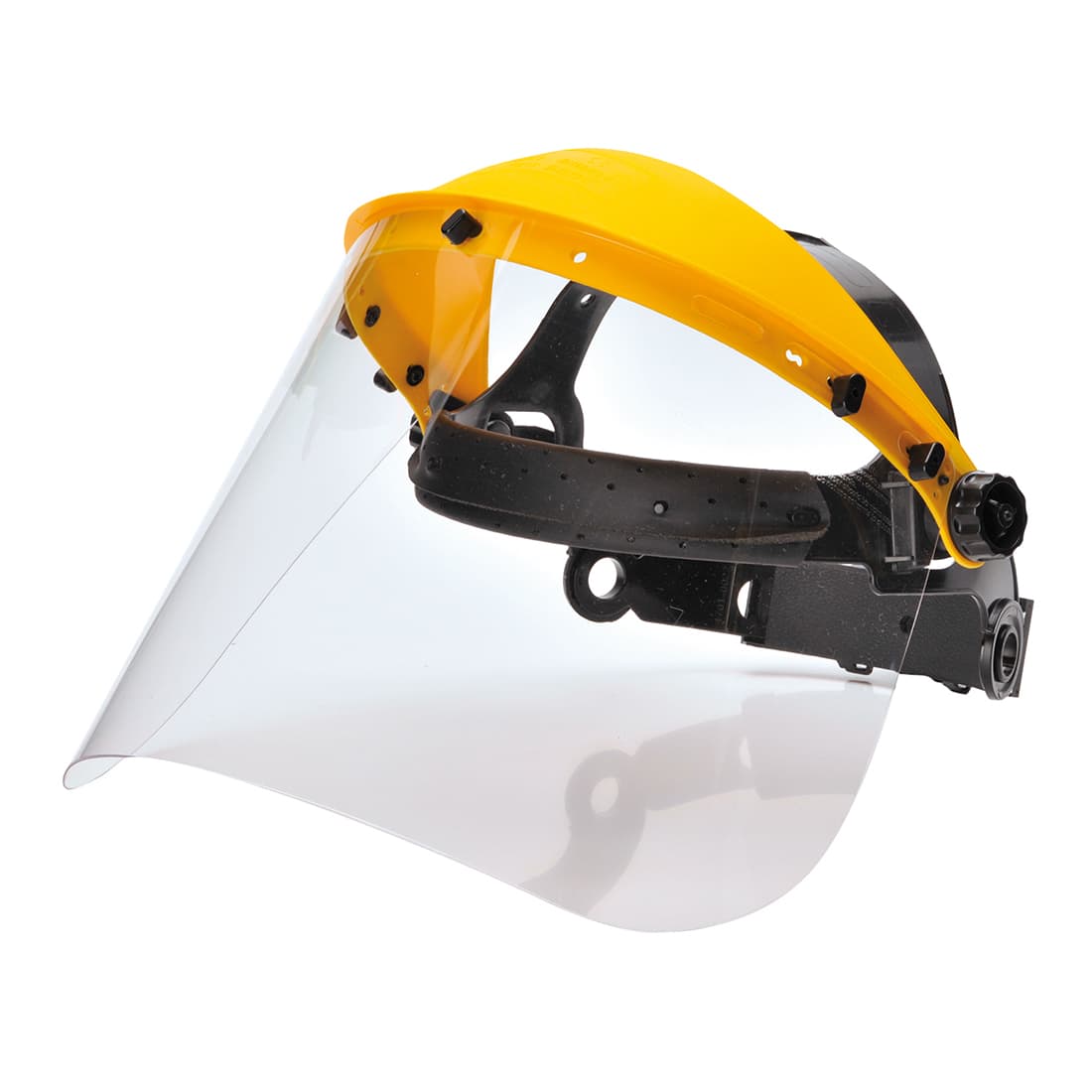 A protective browguard kit featuring a clear visor and a yellow and black adjustable frame. Includes a logo. Browguard with Clear Visor - Image 1