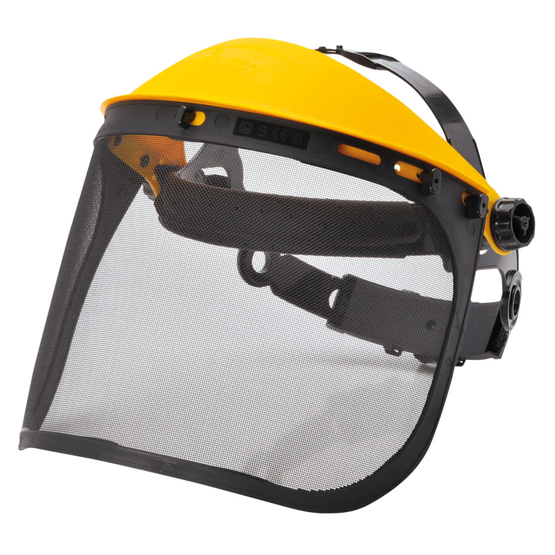 A yellow browguard with a mesh visor and adjustable straps, designed for protective headwear. Browguard with Mesh Visor - Image 1