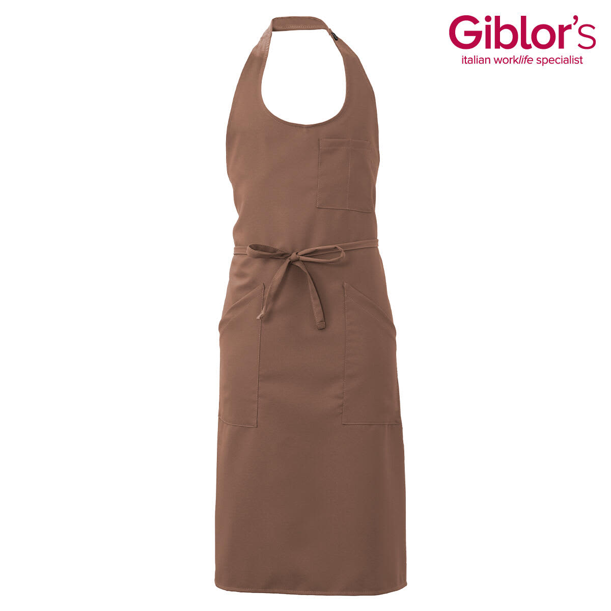 A brown apron featuring a neck strap, waist ties, and a front pocket. It has a logo on the upper right. Capri Apron - Image 1