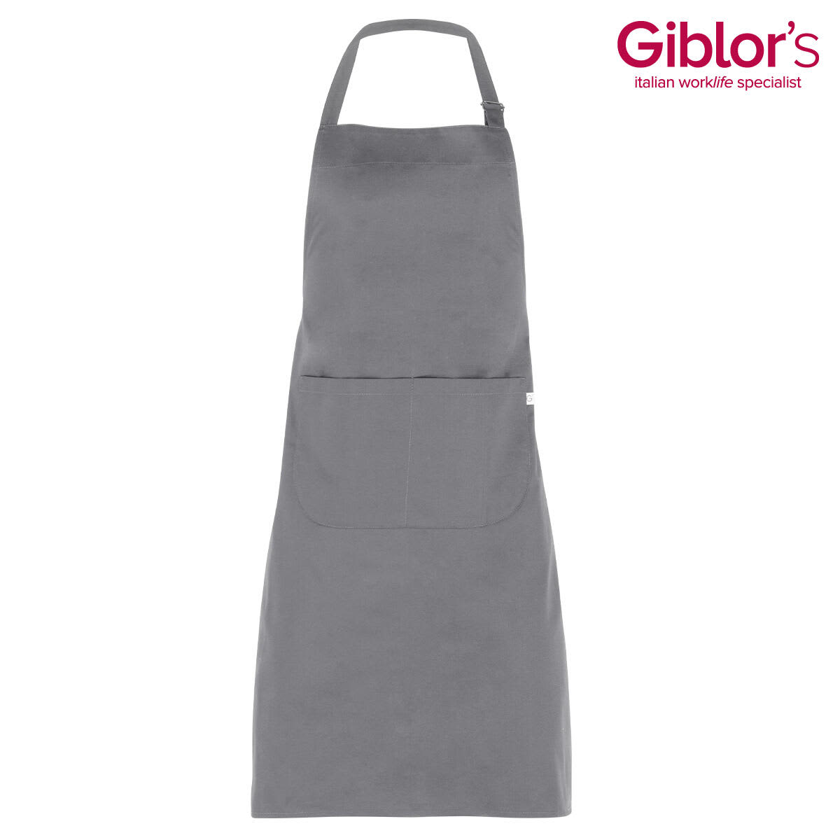 A grey apron featuring a front pocket and a neck strap. It has a logo in the top right corner. Zante Apron - Image 1