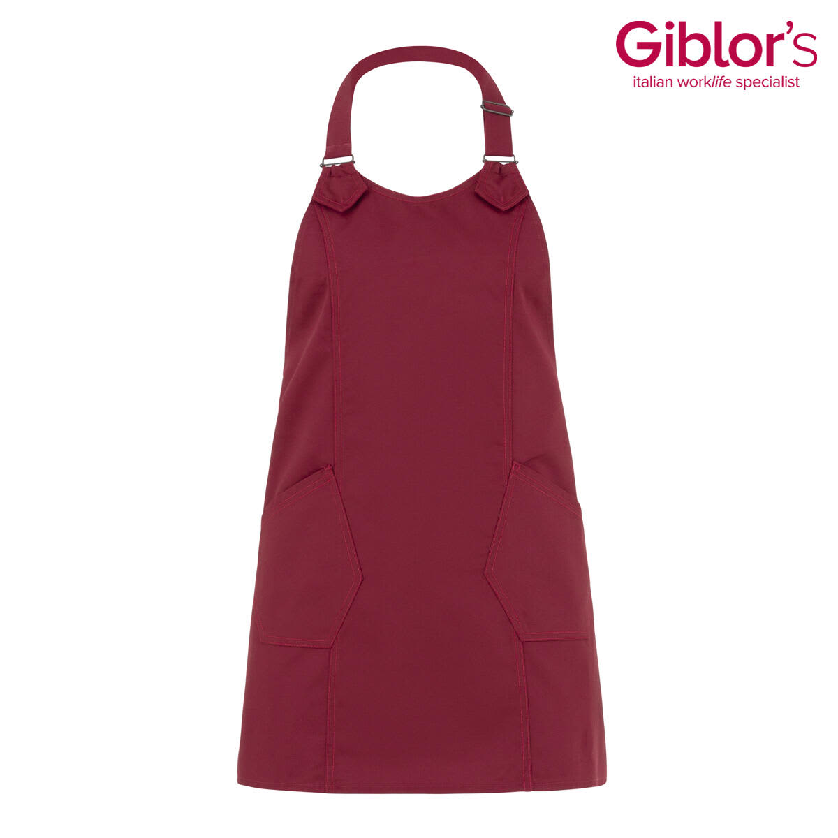 A burgundy apron with a halter neck design and two front pockets, featuring a logo on the side. Virginia Apron - Image 1