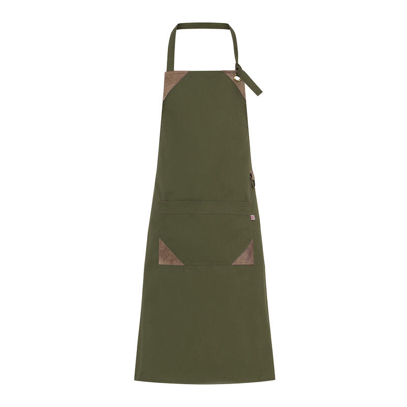 A green apron featuring brown accents and a front pocket, designed for workwear. It includes a brand logo. Karpathos Apron - Image 1