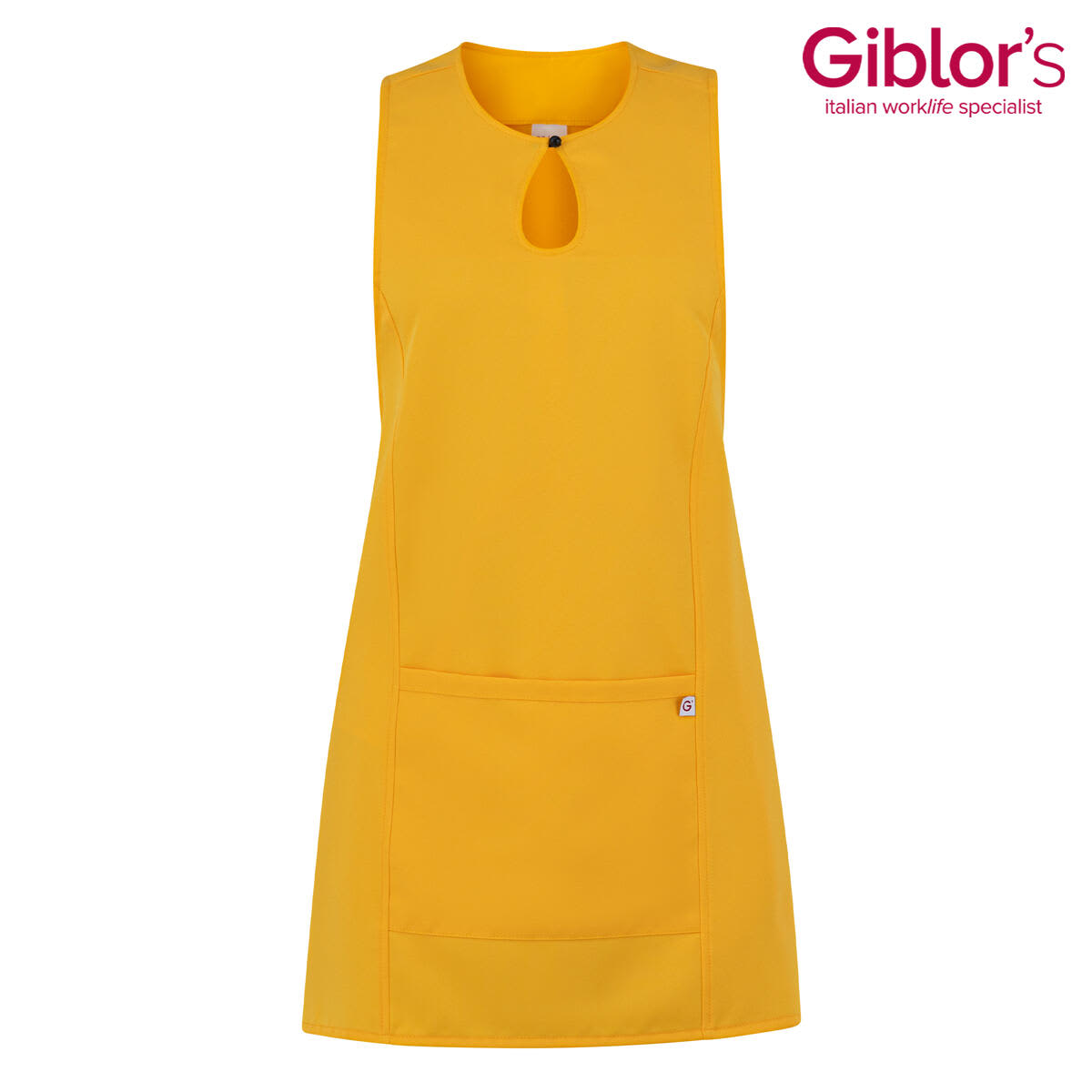 A yellow apron with a keyhole design and a front pocket, featuring a branding logo. Gioia Apron - Image 1