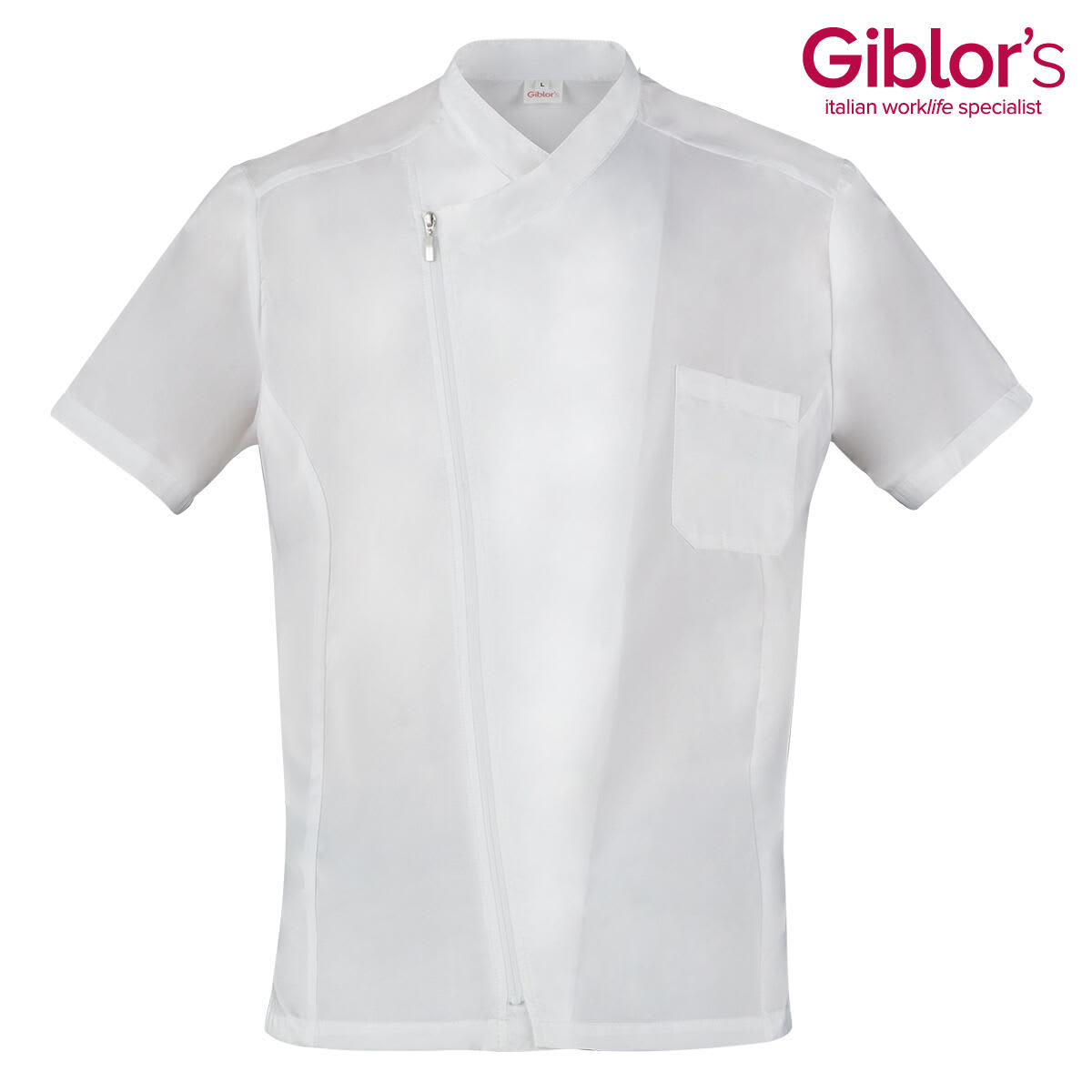 A white short-sleeved tunic with a zippered front and a single chest pocket. It features a logo in the corner. Maurizio Tunic - Image 1