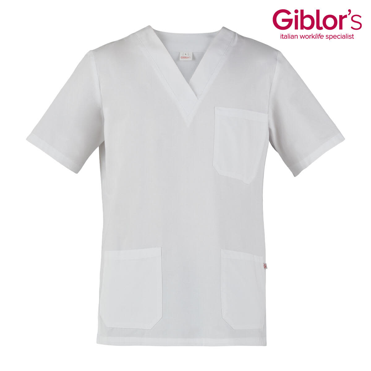 A white tunic with short sleeves and two front pockets, featuring a logo on the top right. Jason Tunic - Image 1