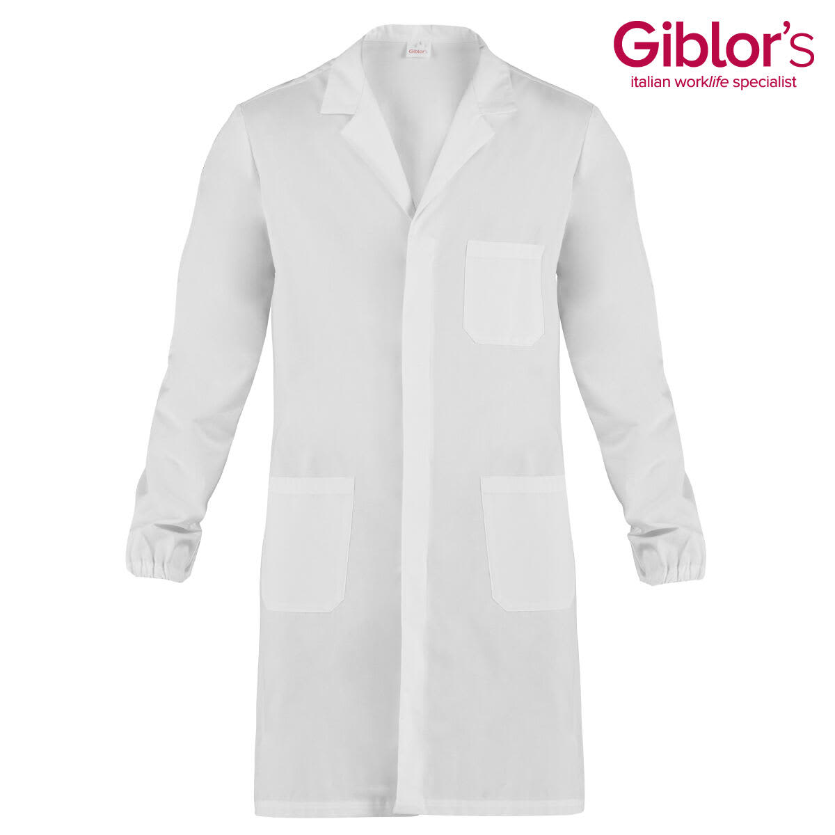A white lab coat with long sleeves, featuring a pocket on the chest and two front pockets. It has a logo in the corner. Tristano Lab Coat - Image 1