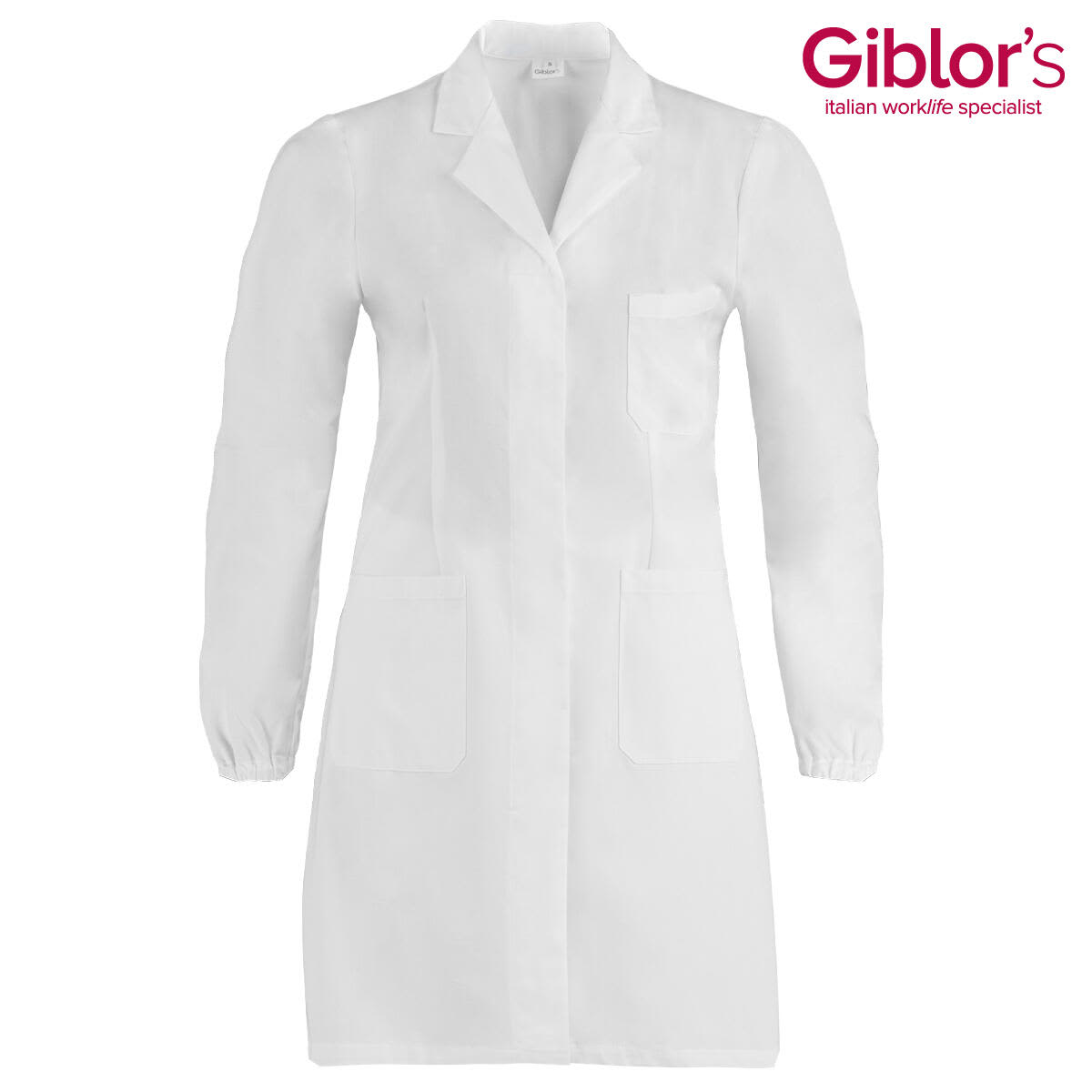 A white lab coat with long sleeves, featuring a collar and multiple pockets. It has a logo on the top right. Isotta Lab Coat - Image 1