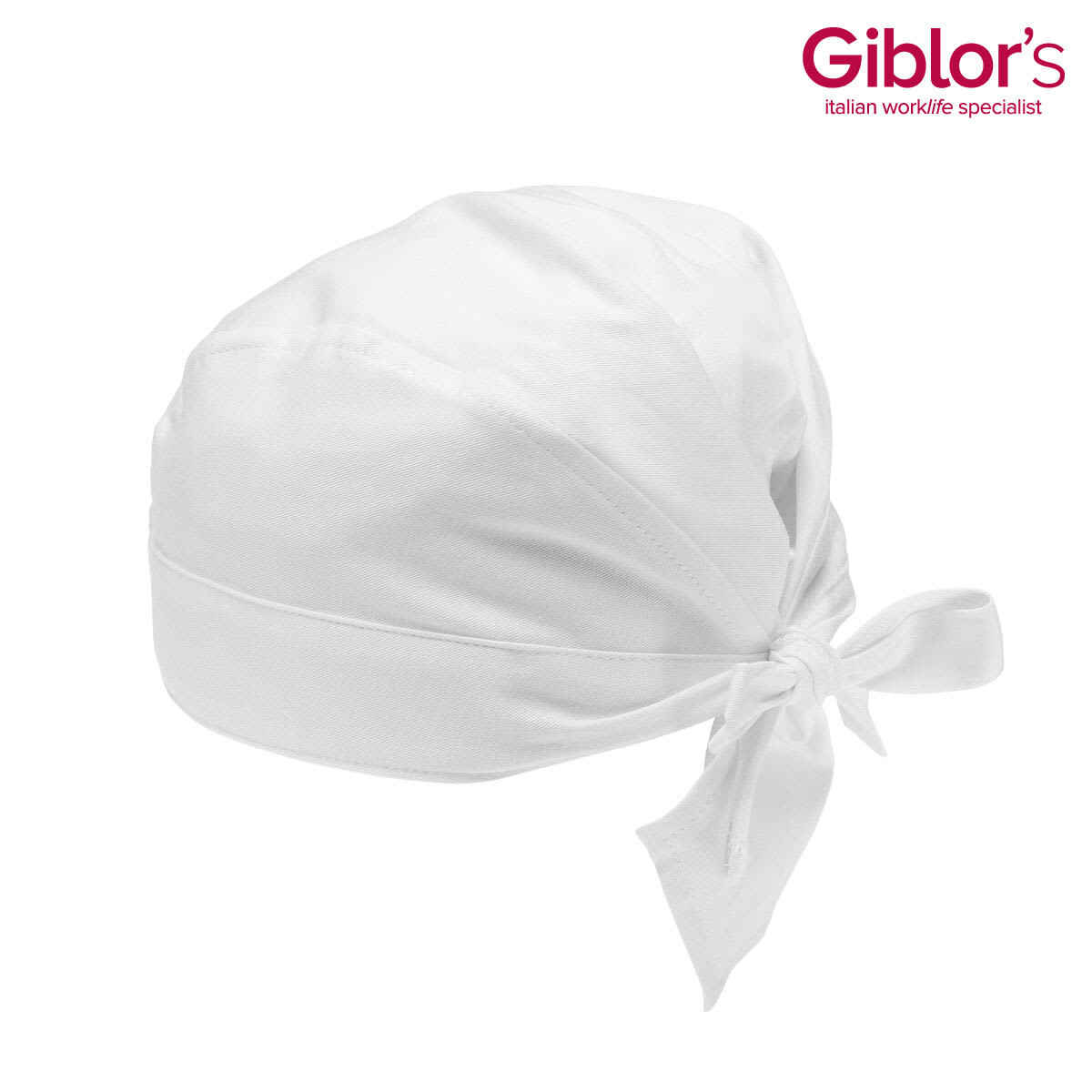 A white bandana with a tie closure at the back, featuring a logo. Giove Bandana - Image 1