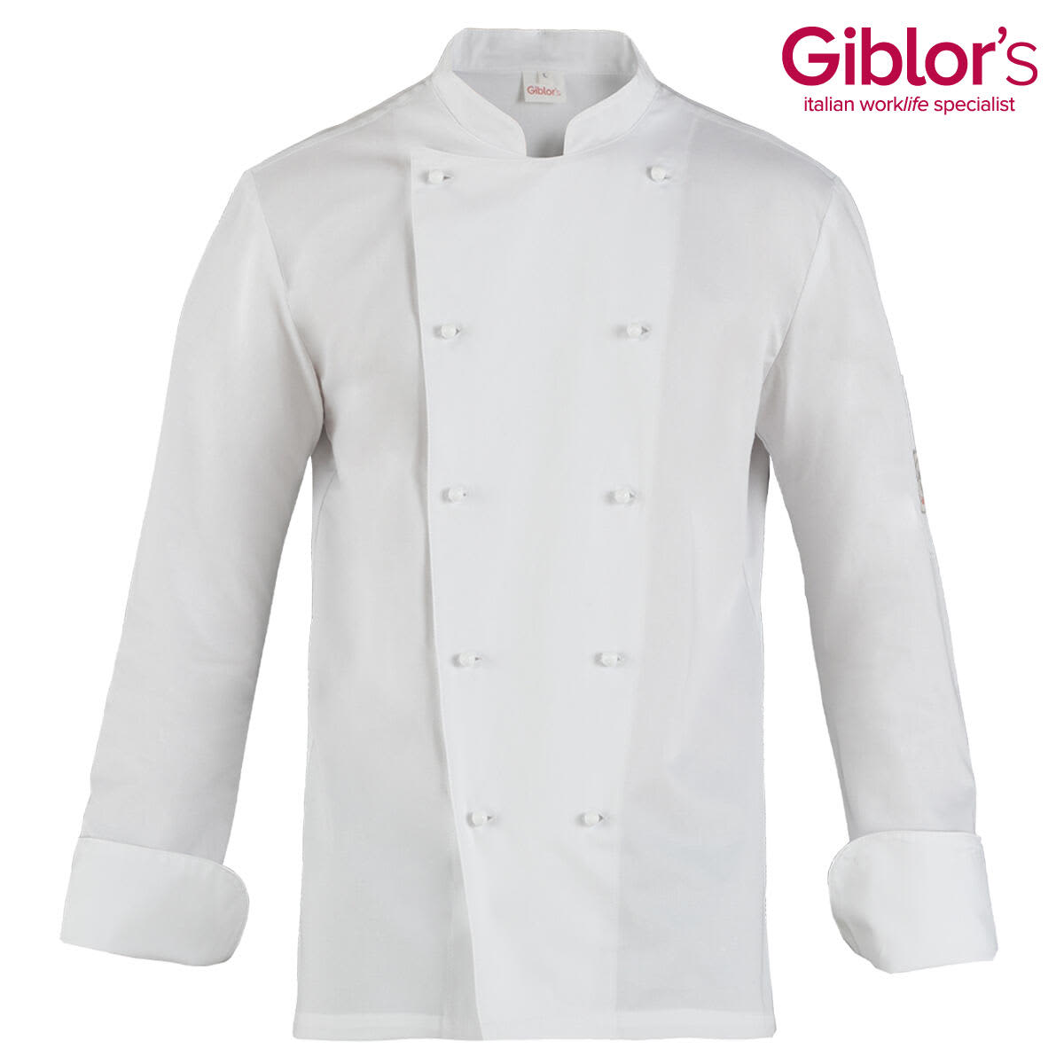 A white chef jacket with a double-breasted design and long sleeves. It features a logo on one sleeve. Adriano Jacket - Image 1