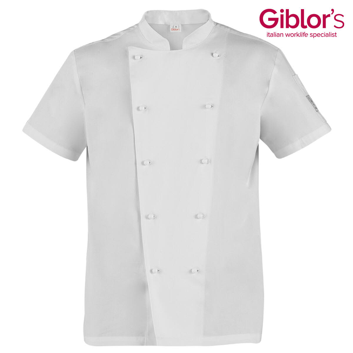 A white chef jacket with a double-breasted design and a logo on the top right. Tommaso Jacket - Image 1