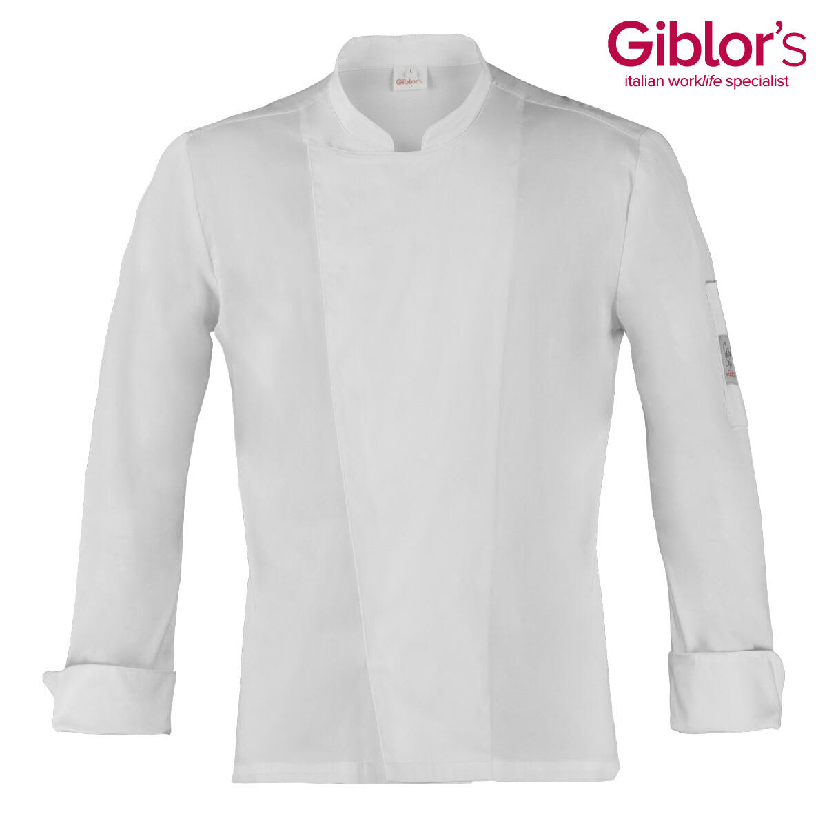 A white chef jacket with a neat collar and long sleeves, featuring a logo on one sleeve. Augustin Jacket - Image 1