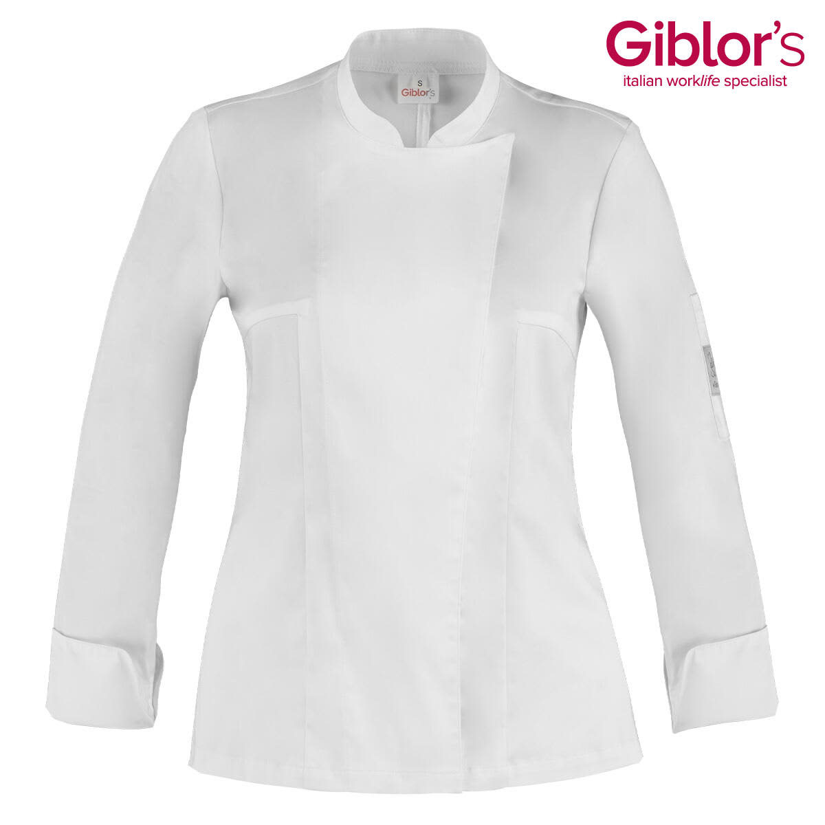 A white chef jacket featuring a modern design and a branding logo on the sleeve. Celine Jacket - Image 1