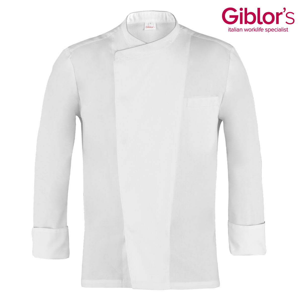A white chef's jacket with a double-breasted design and a pocket, featuring a logo on the upper corner. Patrizio Jacket - Image 1