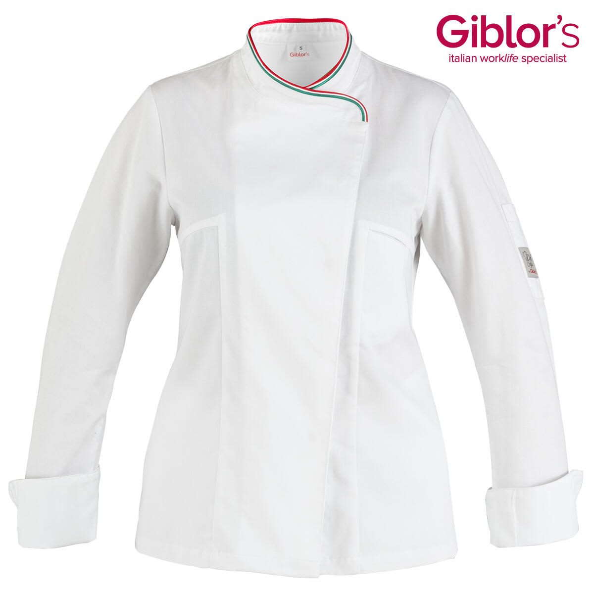 A white chef jacket with a unique collar design and a logo present. The jacket features an Italian flag detail. Susi Chef Jacket - Image 1