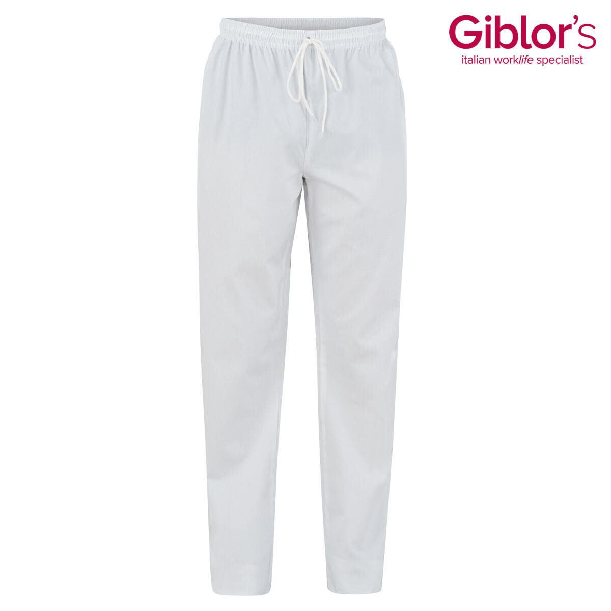 White pants with an elastic waistband and drawstring. The design includes a logo in the top right corner. Plutone Pants - Image 1