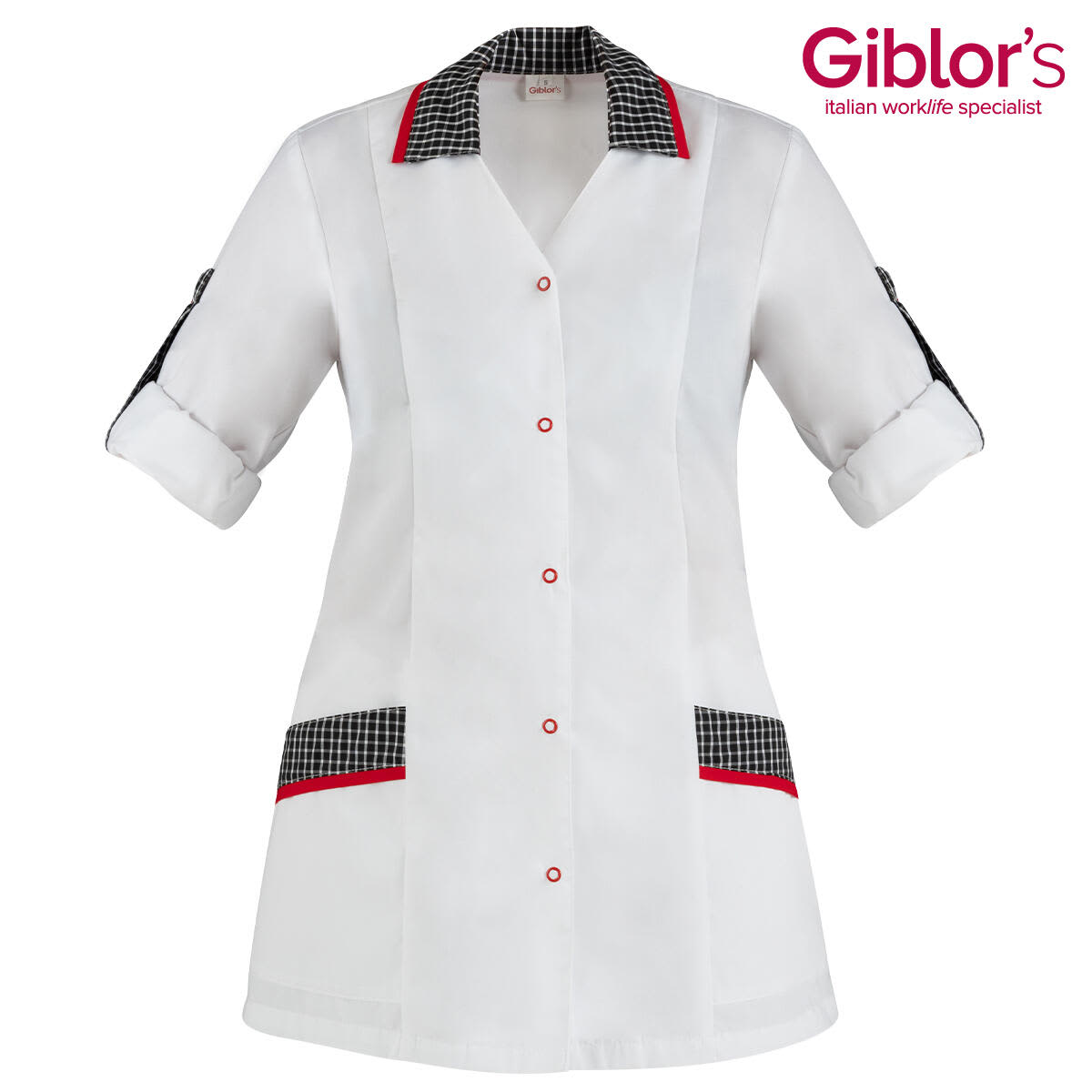 A promotional white shirt with a checkered black and red collar and pockets, featuring rolled-up sleeves and a logo. Primula Shirt - Image 1