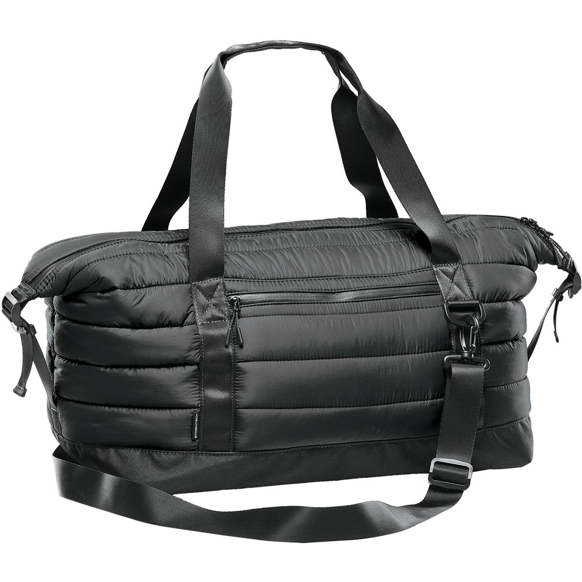 A black quilted duffle bag with padded sections, featuring handles and a detachable strap, includes a logo. Stavanger Quilted Duffle - Image 1