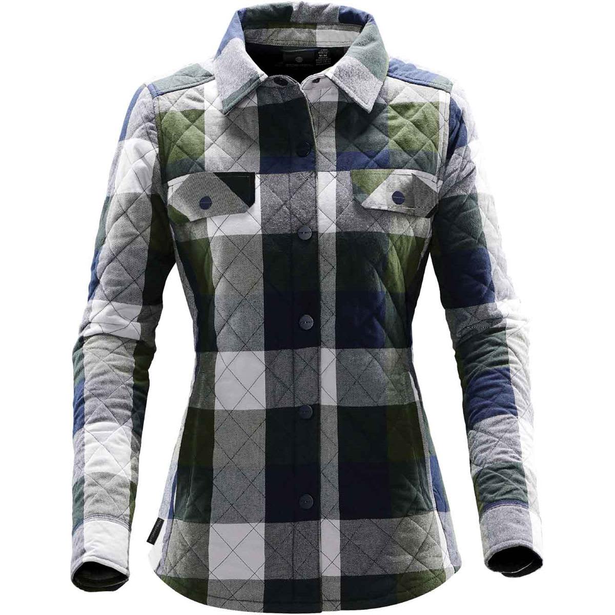 A women's quilted shacket featuring a green, navy, and white plaid pattern, with two front pockets and a collar. Women's North Beach Shacket - Image 1