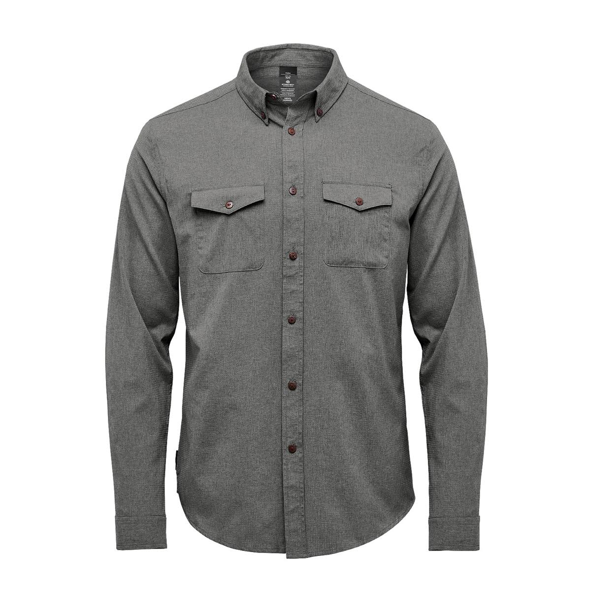 A green long-sleeve men's shirt with buttoned chest pockets and a collar, featuring a logo. Men's Azores Quick Dry Shirt - Image 1