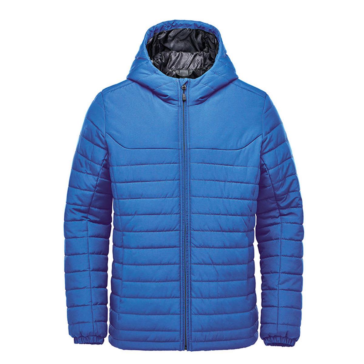 A blue quilted hoody with a zip front and a hood, featuring an interior lining. It has a logo on the sleeve. Men's Nautilus Quilted Hoody - Image 1
