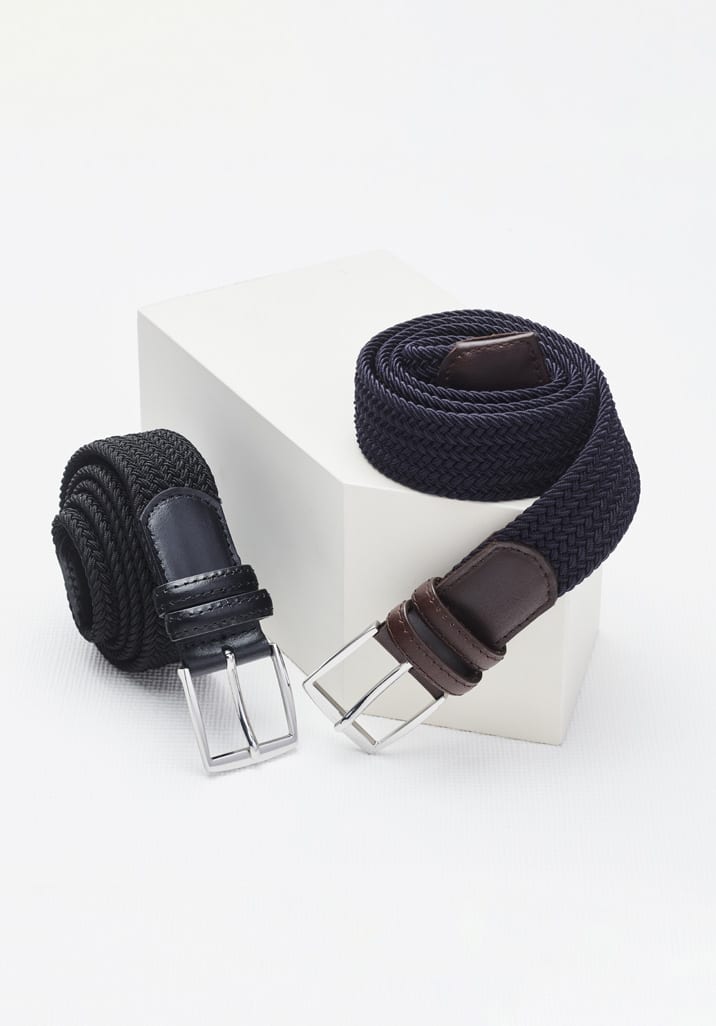 A dark blue braided belt and a black woven belt both featuring silver buckles, displayed on a white pedestal. Unisex Casual Belt - Image 1