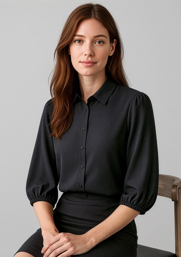 A black 3/4 sleeve blouse with a button-down front and rounded sleeves, worn by a model seated on a chair. Womens Lucy 3/4 Sleeve Blouse - Image 1