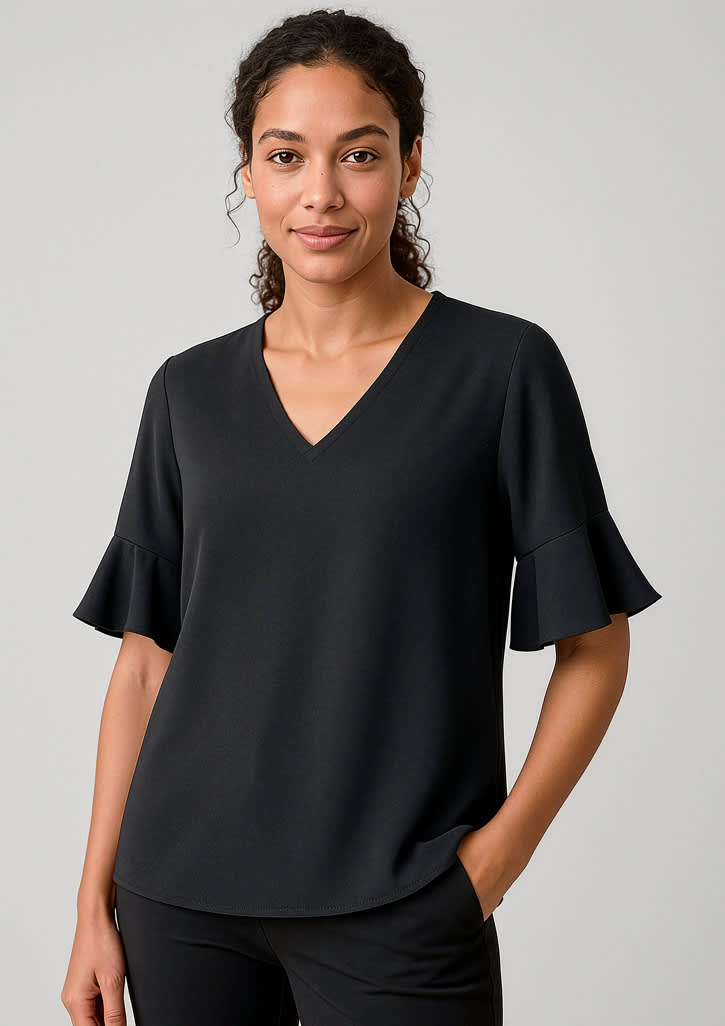 A black fluted sleeve blouse with a V-neckline, displayed on a model against a neutral background. Womens Aria Fluted Sleeve Blouse - Image 1