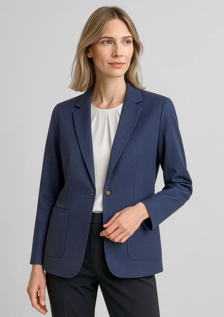A navy women's blazer with a tailored design, featuring a single button and two front pockets. Womens Arden Blazer - Image 1
