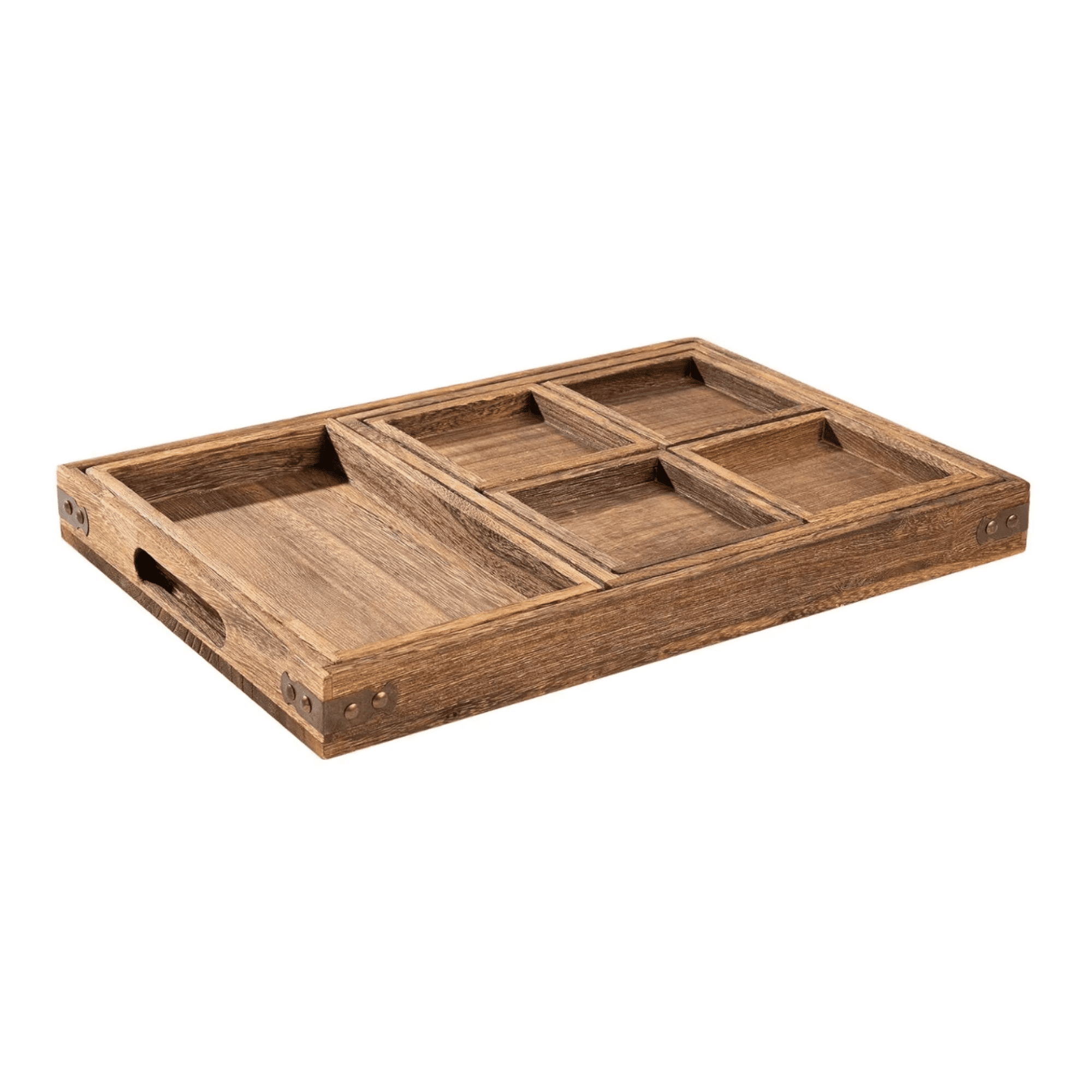 A wooden Bento tray set featuring multiple compartments in a natural finish. Includes handles for easy transport. Bento Tray Set - Image 1