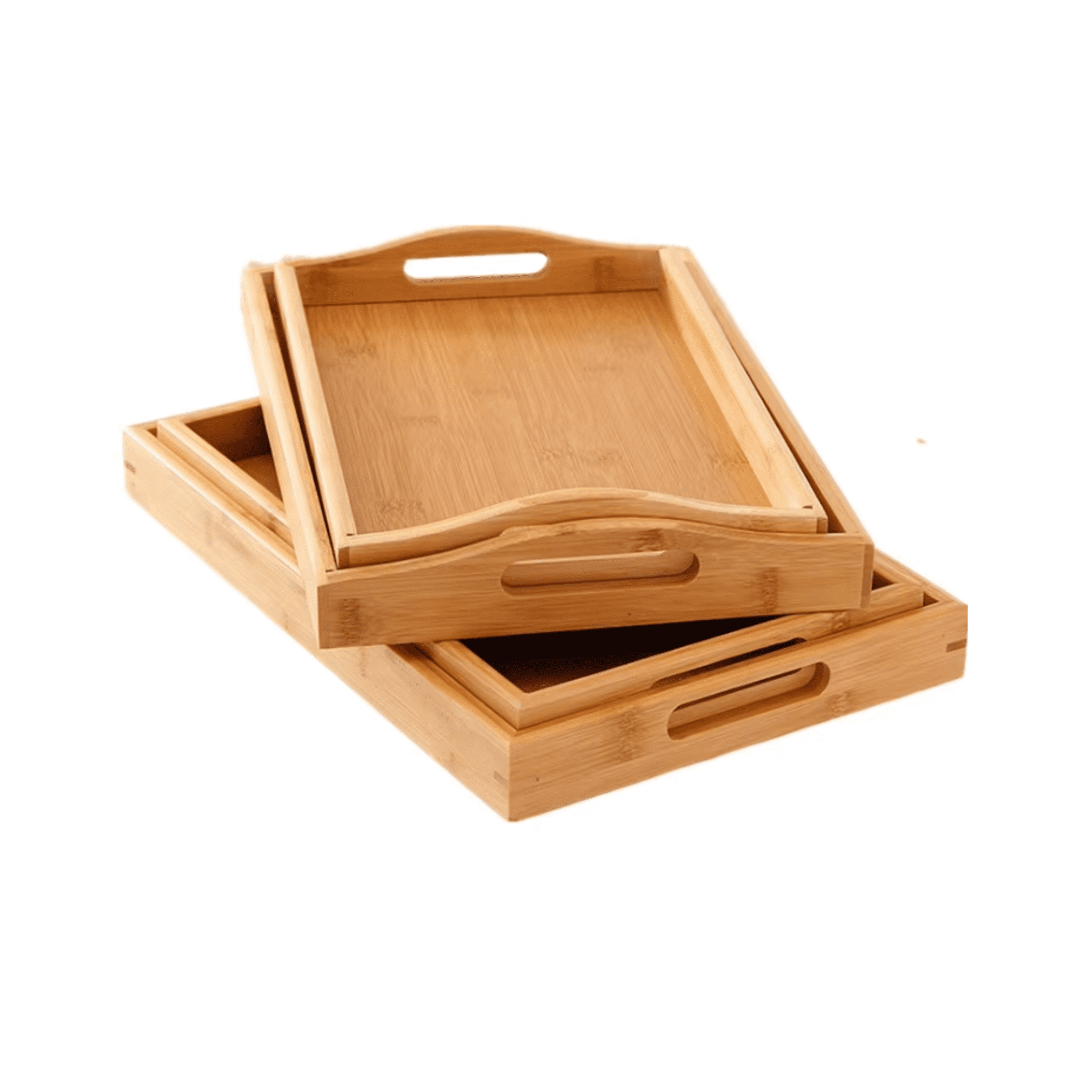 A bamboo tray set featuring two trays with handles, showcasing a natural wood finish. Gurung Tray Set - Image 1