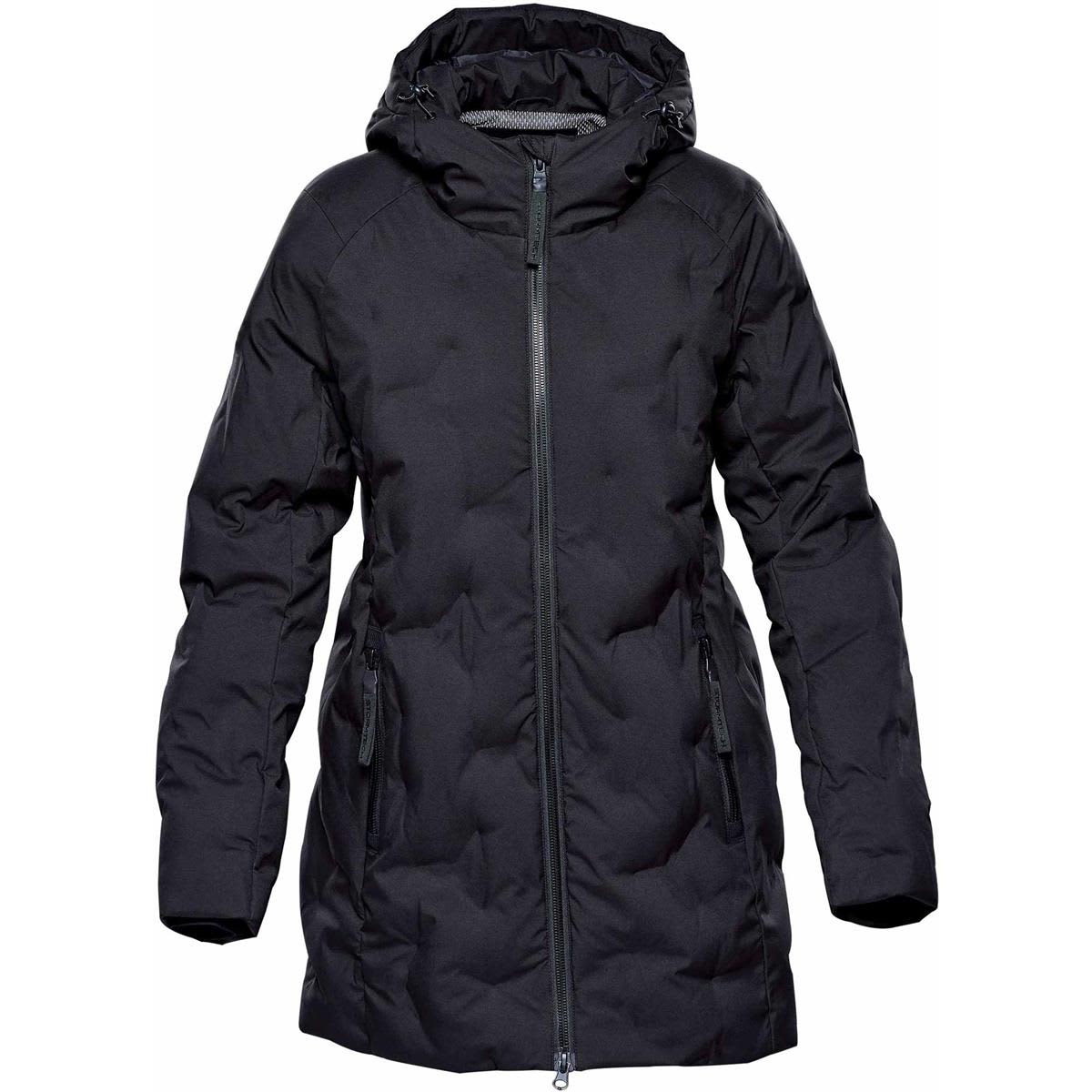 A black women's parka jacket featuring a hood, zip closure, and multiple pockets. It has a puffer design and a logo. Women's Stockholm Parka - Image 1