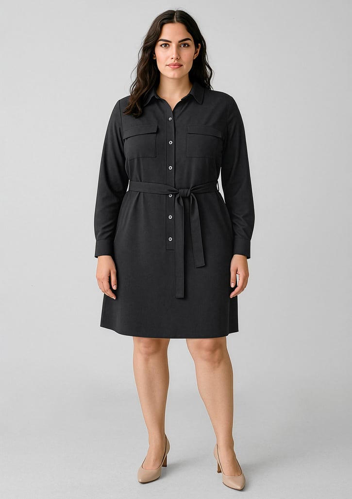 A black women's dress featuring a button-up front, two chest pockets, and a tie belt at the waist. Womens Chloe Dress - Image 1