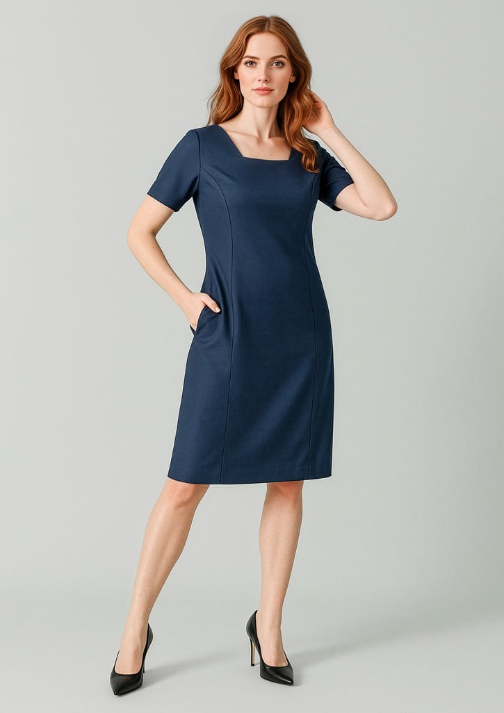 A navy short sleeve dress with a square neckline and pockets, featuring a fitted silhouette. It has a logo. Womens Renew Short Sleeve Dress - Image 1