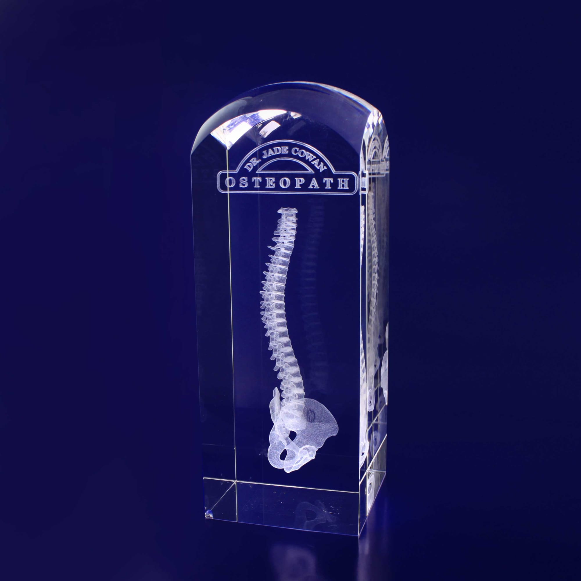 A clear 3D crystal dome featuring a detailed spine and skull design, set on a dark background. 3D Crystal Dome Top Tower (160mm) - Image 1