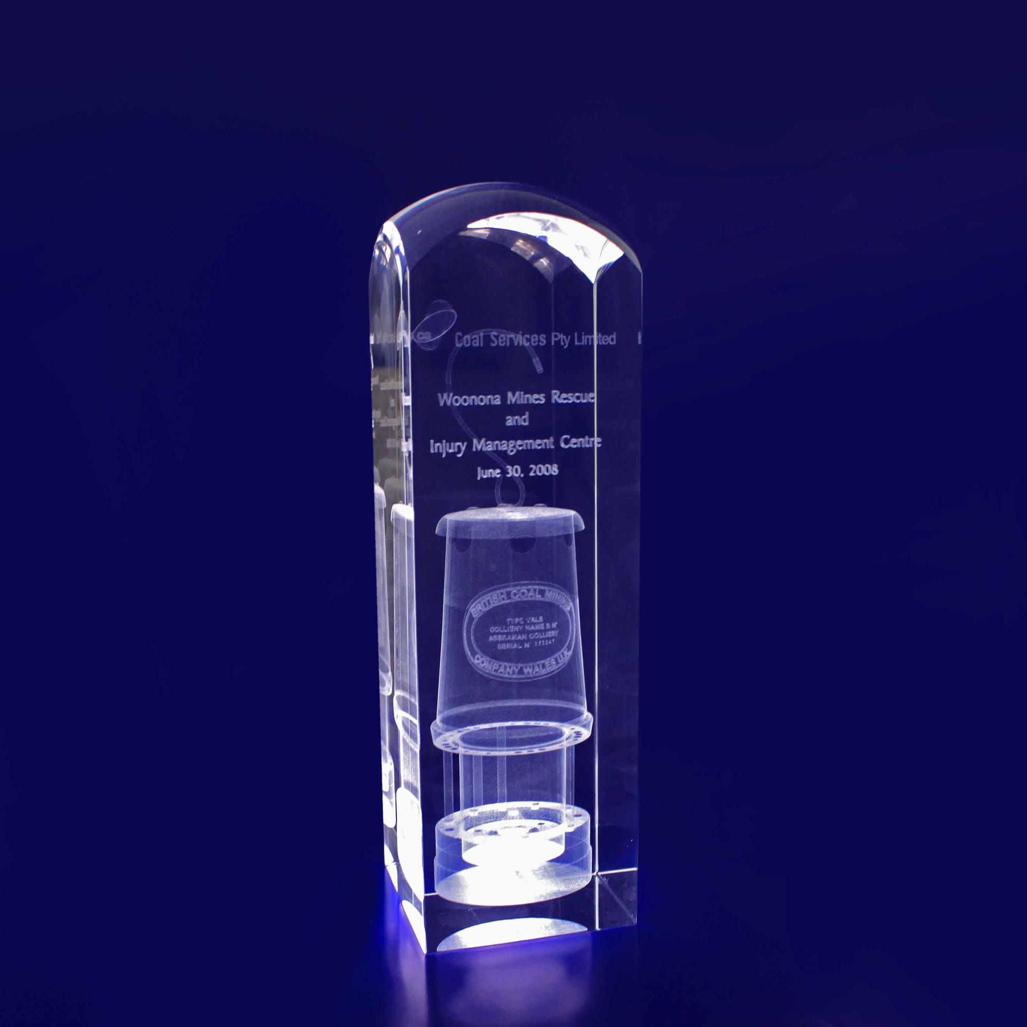 A 3D crystal dome top tower trophy in clear glass, featuring engraved text and a logo. 3D Crystal Dome Top Tower (240mm) - Image 1