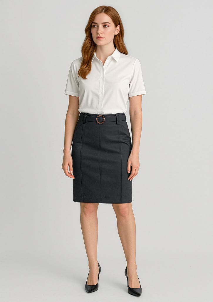 A woman stands in a fitted dark grey mid-waist chino skirt with a belt, paired with a white short-sleeve shirt. Womens Mid Waist Stretch Chino Skirt - Image 1