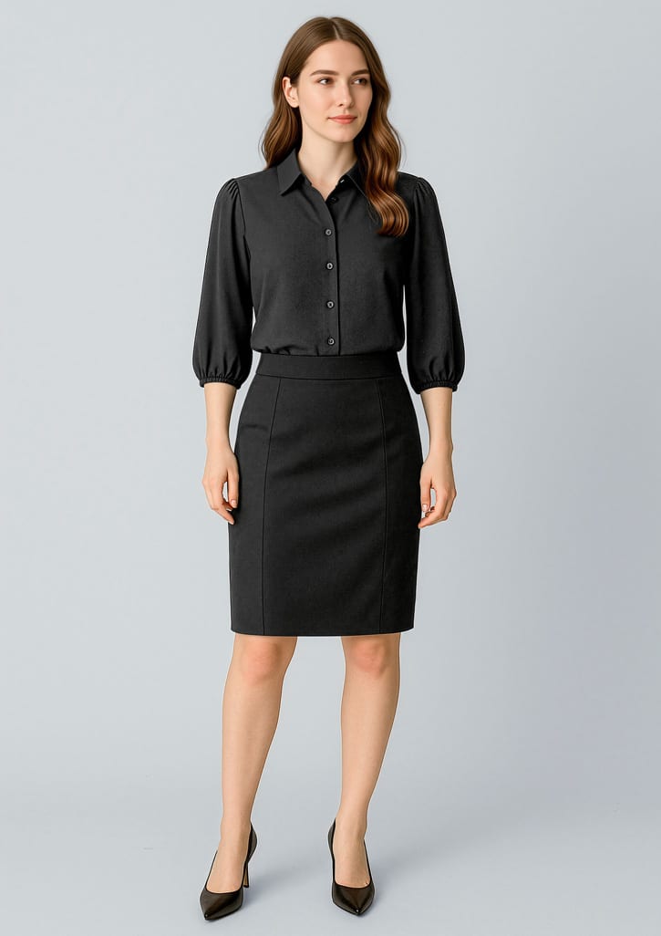 A black mid-waist pencil skirt paired with a black button-up blouse, featuring puffed sleeves. Womens Cool Stretch Mid-waist Pencil Skirt - Image 1