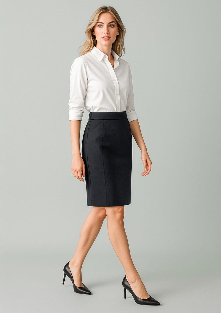A fitted women's pencil skirt in dark navy, paired with a white button-up shirt and black heels. Womens Renew Functional Pencil Skirt - Image 1