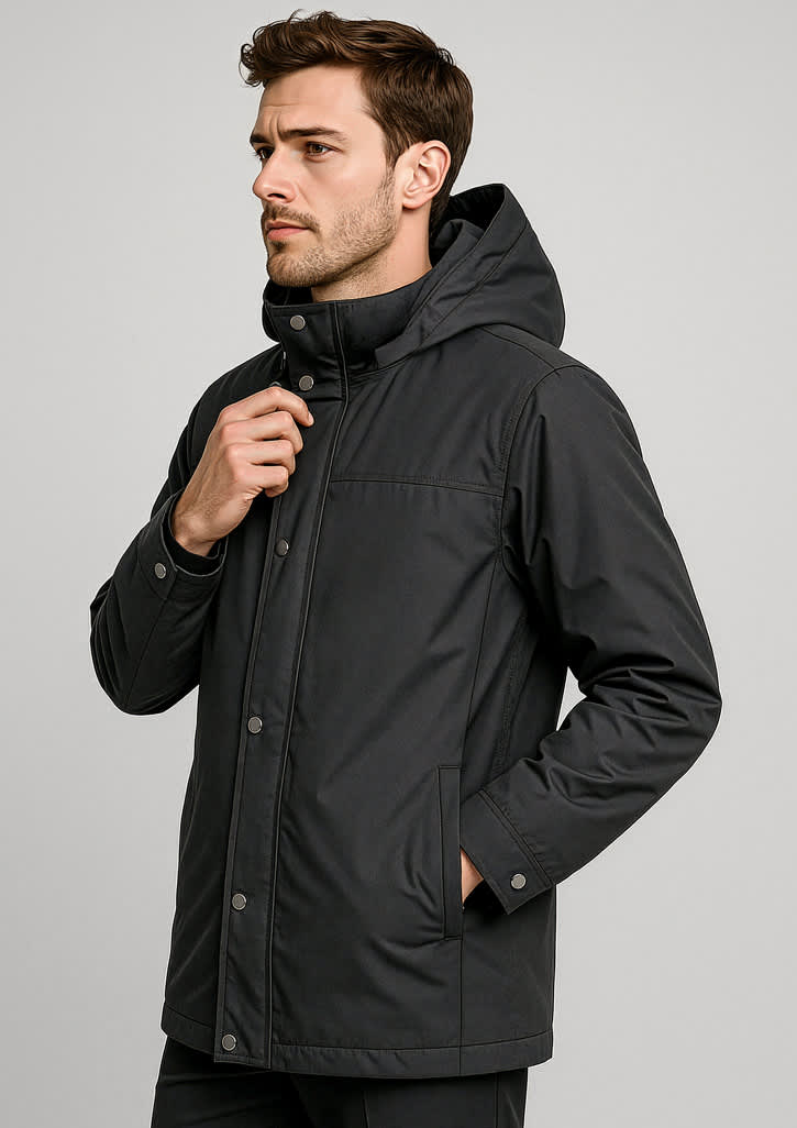 A black men's jacket with a hood, featuring a front zip and snap closure, and side pockets. Mens Melbourne Comfort Jacket - Image 1