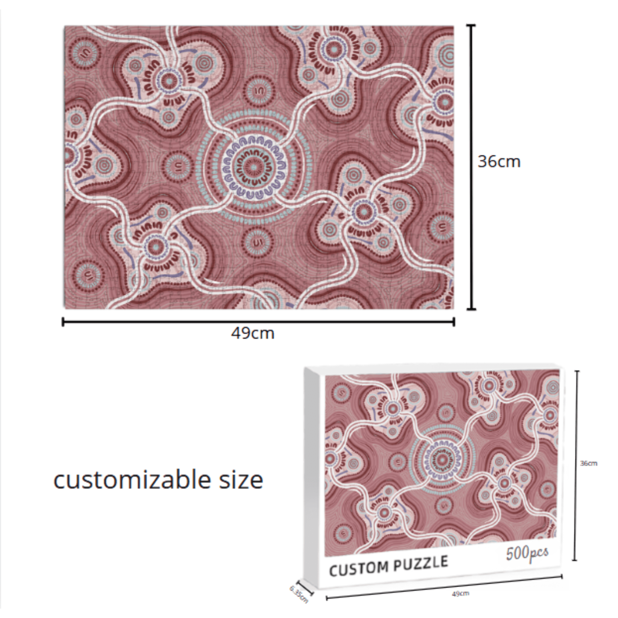A 500-piece jigsaw puzzle with a red and white intricate design, displayed with dimensions and a boxed version. Sustainable 500-Piece Jigsaw Puzzle - Image 1