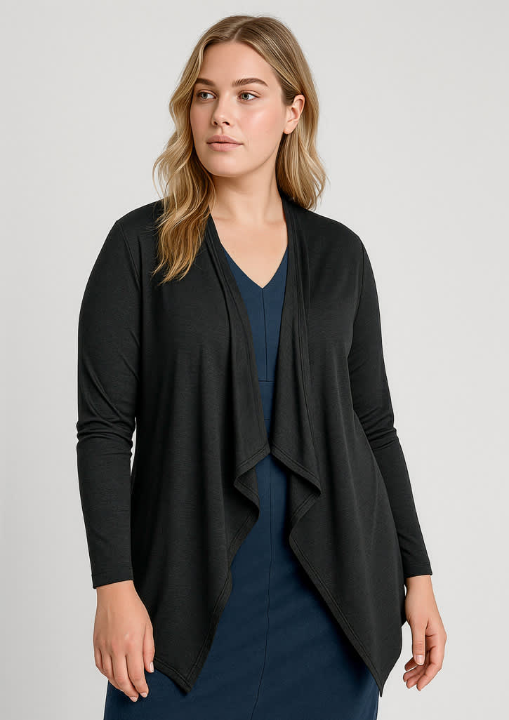 A black cardigan with a waterfall design, featuring long sleeves and an open front, worn over a navy dress. Womens Sofia Waterfall Cardigan - Image 1