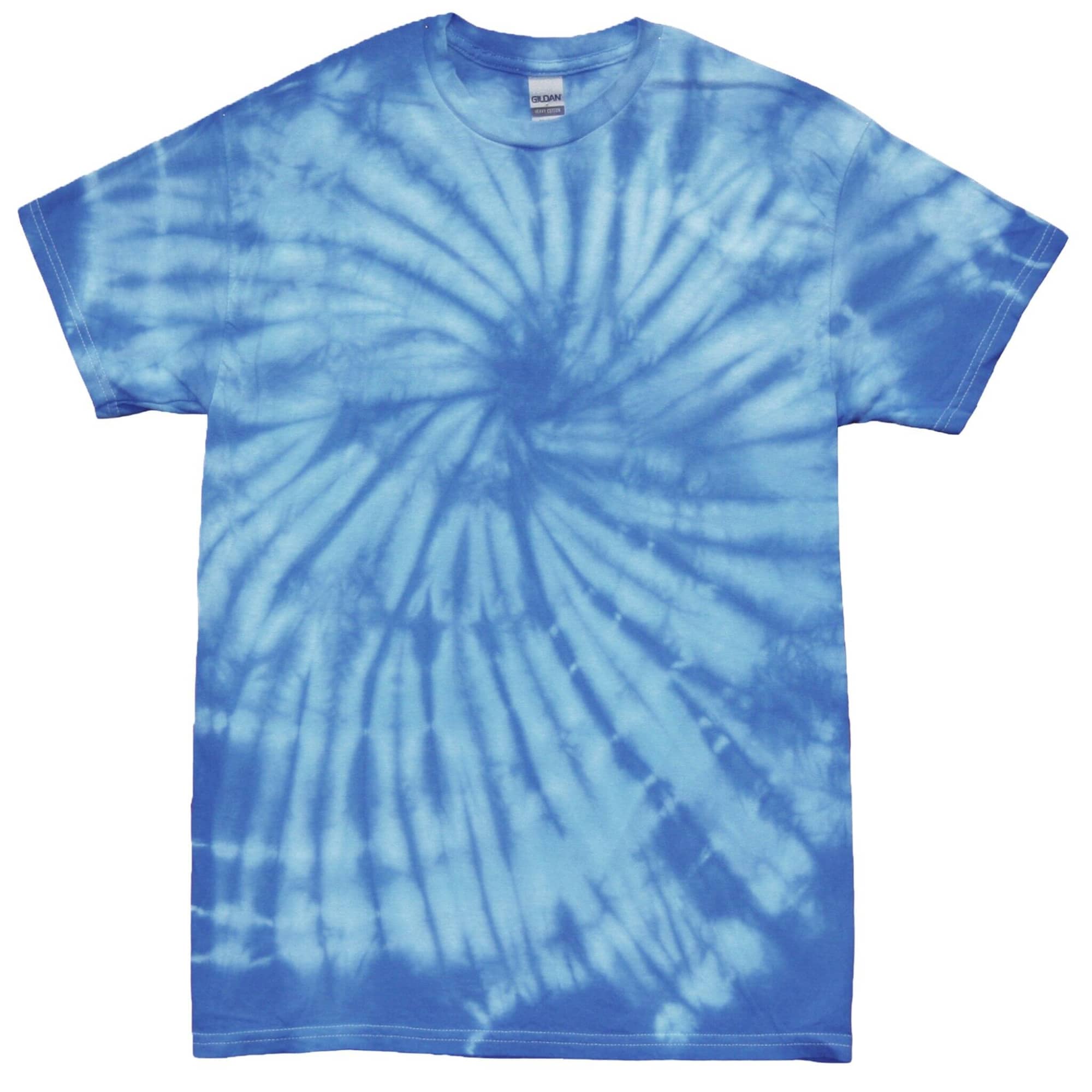 A blue tie-dye T-shirt featuring a spiral design and a standard crew neck. It has a logo on the label. One Colour Web Tie Dye T-Shirt - Image 1