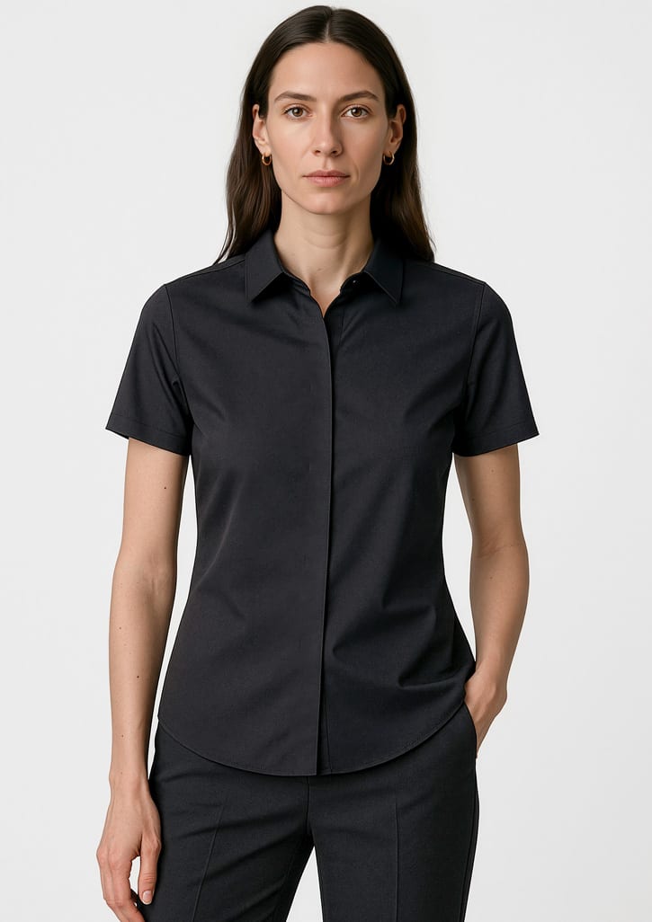 A black short sleeve button-up shirt for women, featuring a collar and a fitted silhouette. Includes a logo. Womens Charlie Short Sleeve Shirt - Image 1