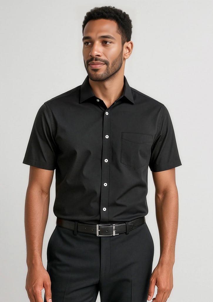 A short sleeve black button-up shirt with a pocket, worn by a man paired with dark trousers. Mens Charlie Classic Fit Short Sleeve Shirt - Image 1