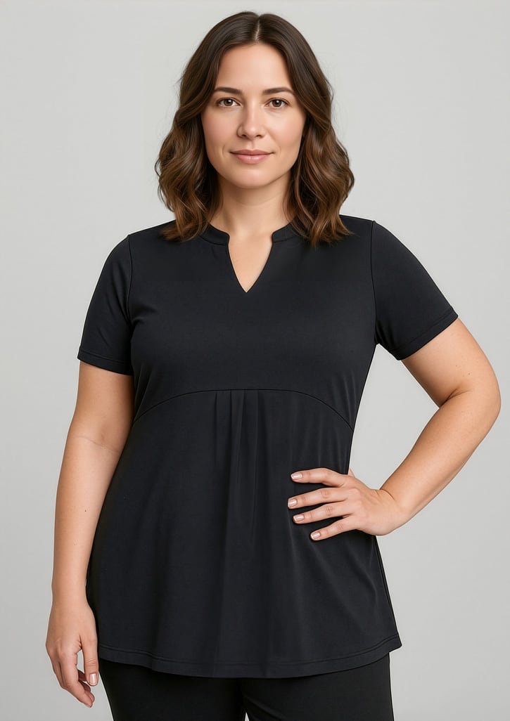 A black women's Mali Stretch Tunic T-Top featuring a V-neck and short sleeves, with a stylish pleated design. Womens Mali Stretch Tunic T-Top - Image 1