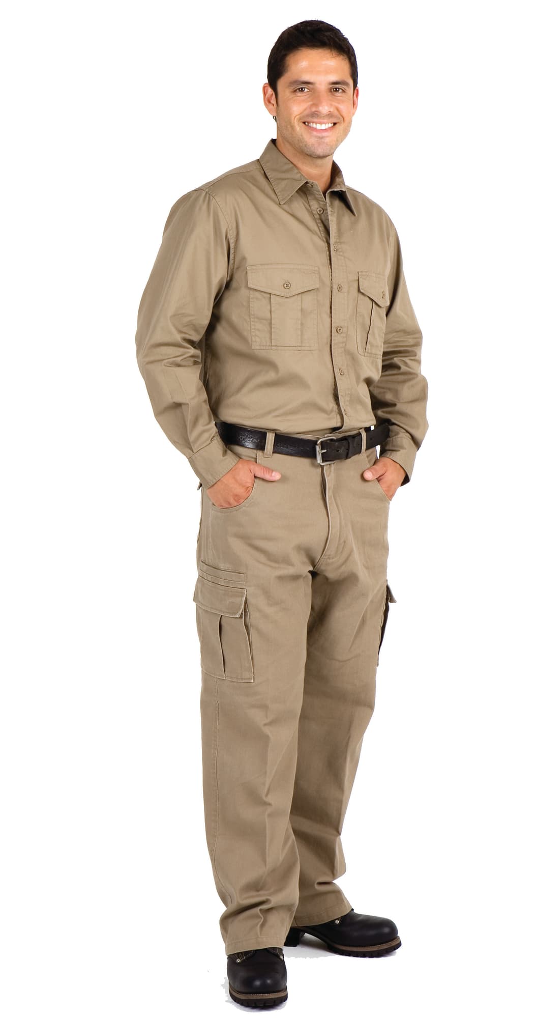A long sleeve work shirt in khaki with two chest pockets, worn by a smiling male model. Features a logo. Cotton Drill Work long Sleeve Shirt - Image 1