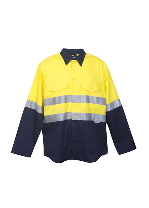 A long sleeve work shirt in high-visibility yellow and navy, featuring reflective stripes and a logo. 100% Combed Cotton Drill Long Sleeve Shirt - 3M - Image 1