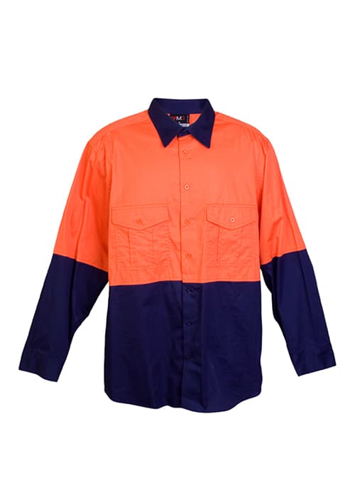 An orange and navy long sleeve work shirt with two chest pockets and a logo. Suitable for workwear. 100% Combed Cotton Drill Long Sleeve Shirts - Image 1