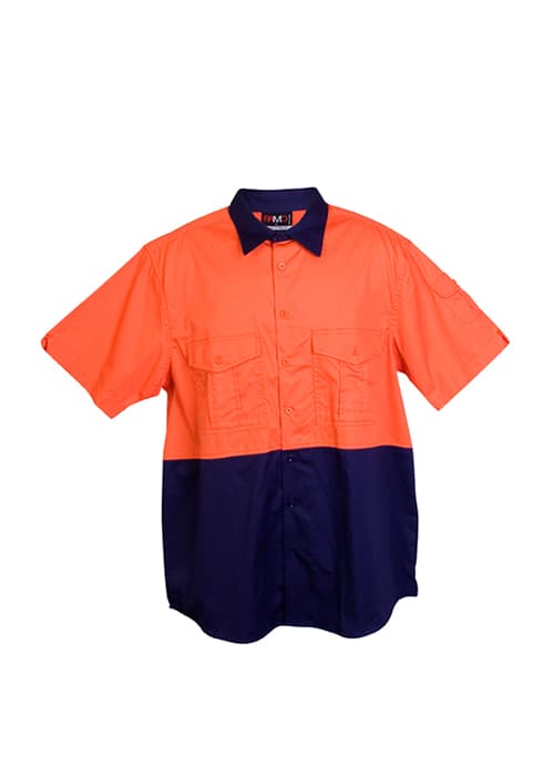 An orange and navy short sleeve work shirt featuring two chest pockets and a logo. 100% Combed Cotton Drill Short Sleeve - Image 1