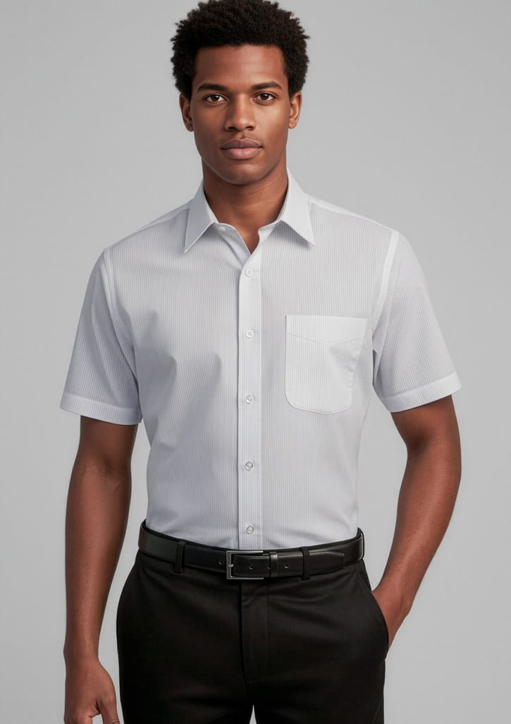 A men's short sleeve button-up shirt in light grey with a chest pocket and a logo. Mens Ambassador Short Sleeve Shirt - Image 1